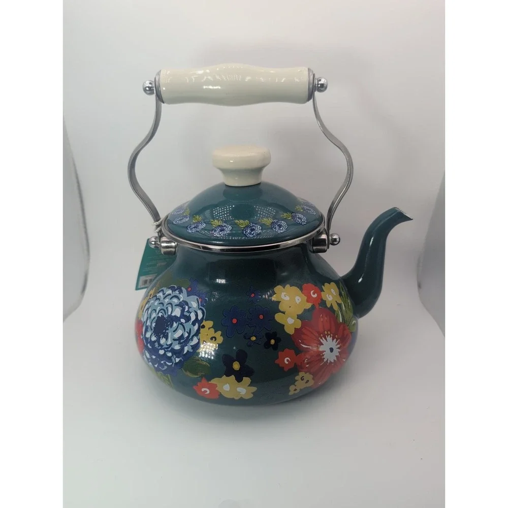 Pioneer Woman Dazzling Dahlias Teal Enamel Stove Top Kettle 1.9qt